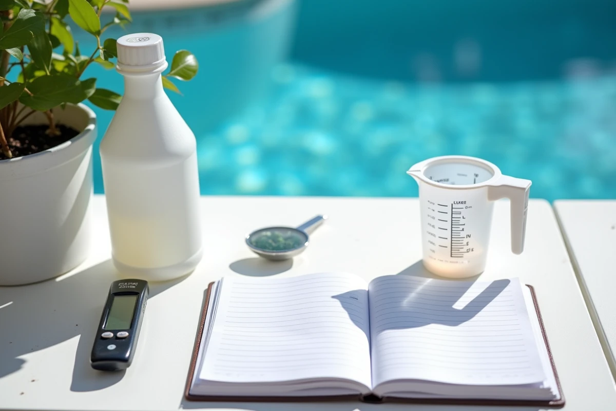 Vue de dessus des accessoires de dosage de javel pour piscine posés sur une table de jardin