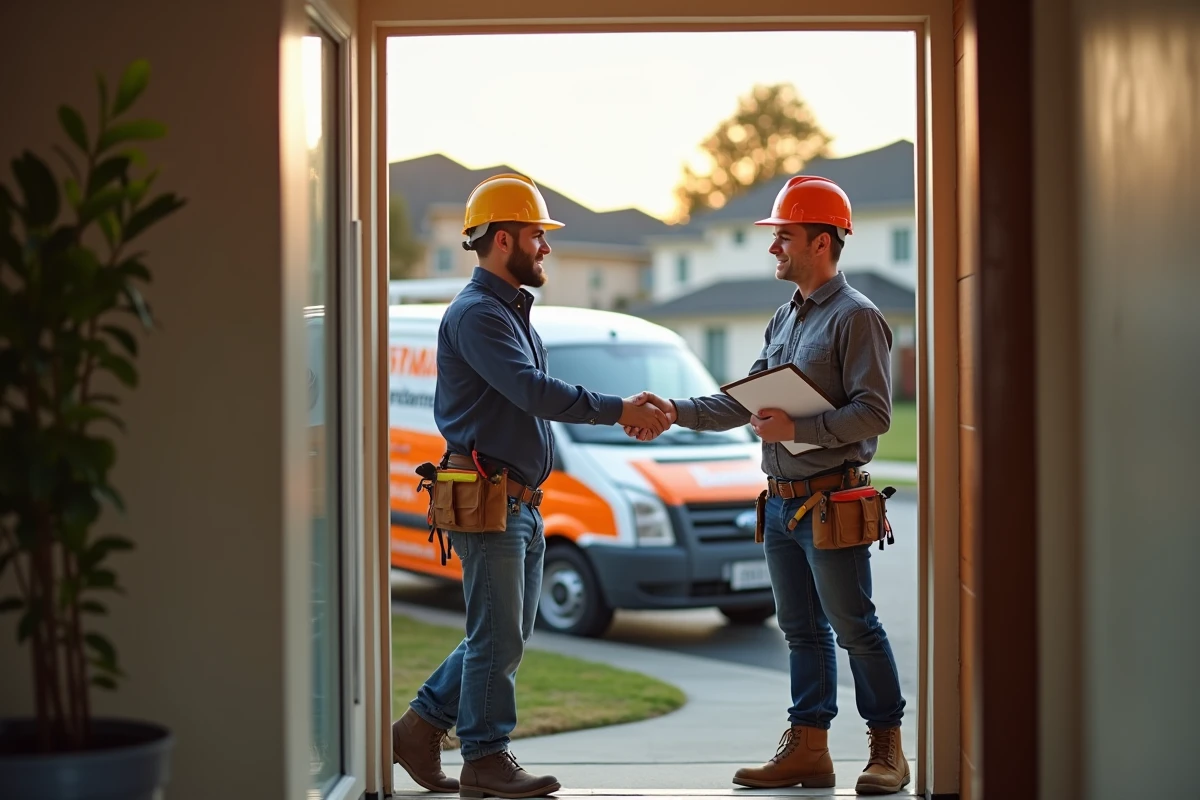 Artisan et propriétaire signant un accord de rénovation sur le pas de la porte