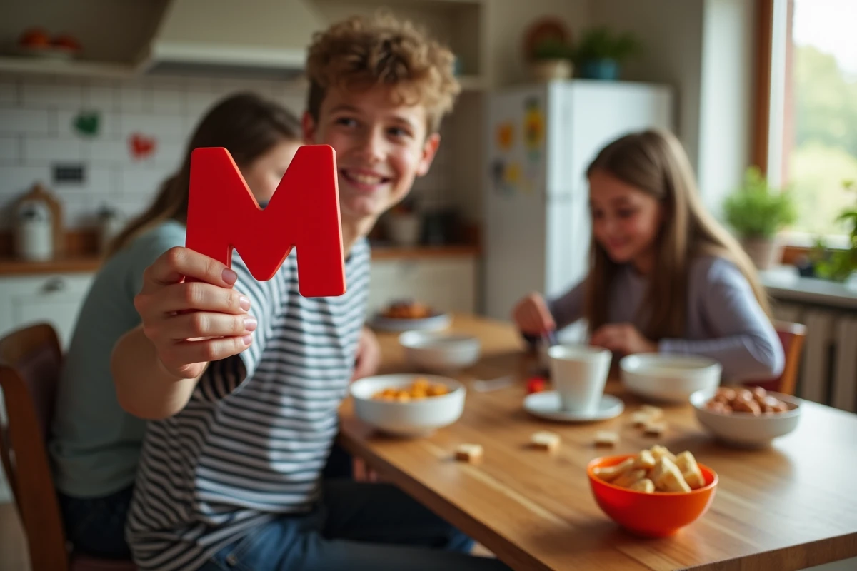 Adolescent souriant tenant un objet Mshape dans la cuisine