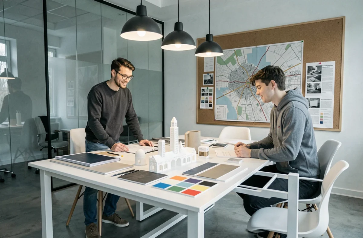 Équipe de l'Agence IDKrea collaborant autour d'un projet d'aménagement intérieur à Strasbourg