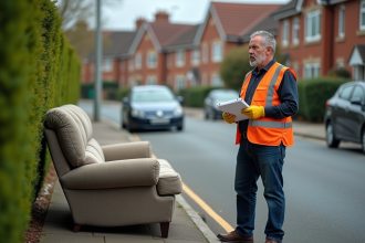 Agent municipal en gilet jaune devant un sofa abandonné