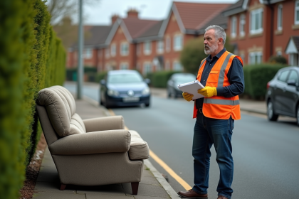 Agent municipal en gilet jaune devant un sofa abandonné
