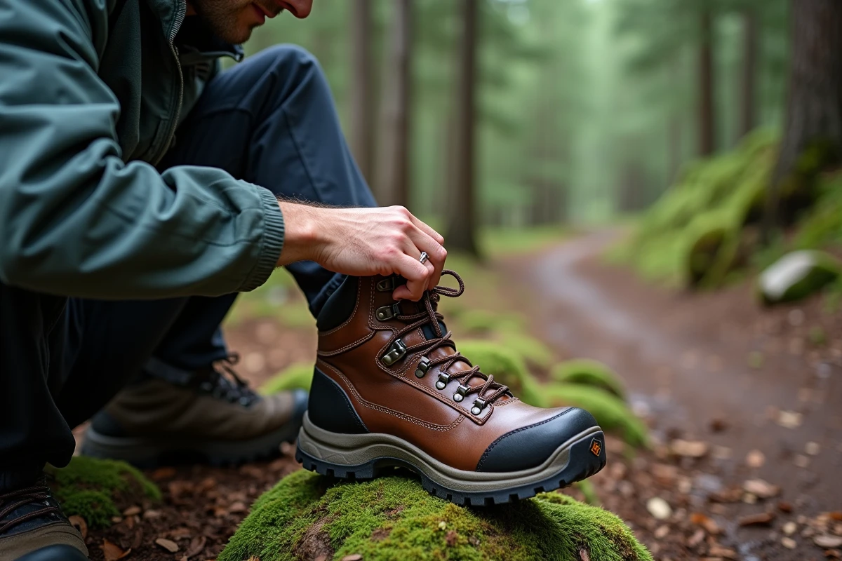 Randonneur appliquant de la graisse sur une chaussure en cuir robuste assis sur un rocher en forêt