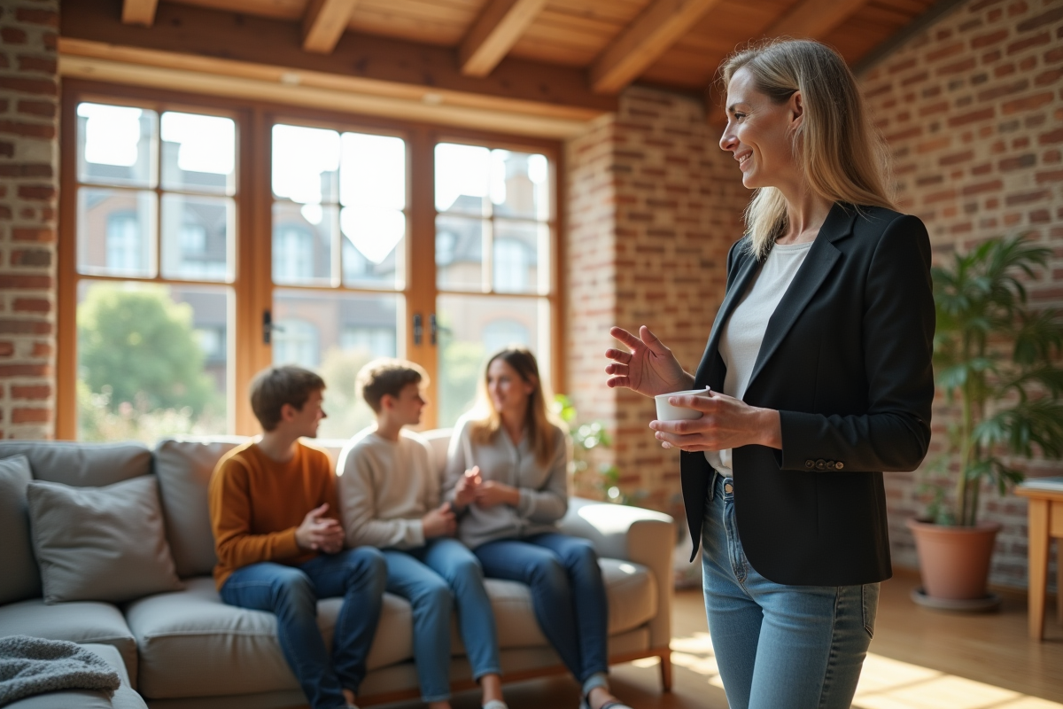 Architecte discute avec famille dans le salon lumineux