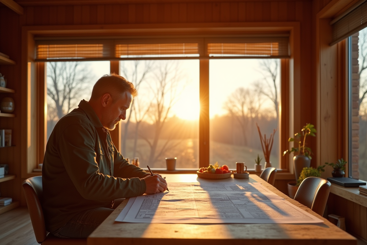 Architecte étudiant des plans dans une maison écologique en bois