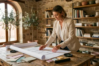 Architecte d'intérieur féminine consultant des plans dans un atelier bordelais avec murs en pierre apparente, swatches de matériaux et fenêtres en arc donnant sur les toits de Gironde
