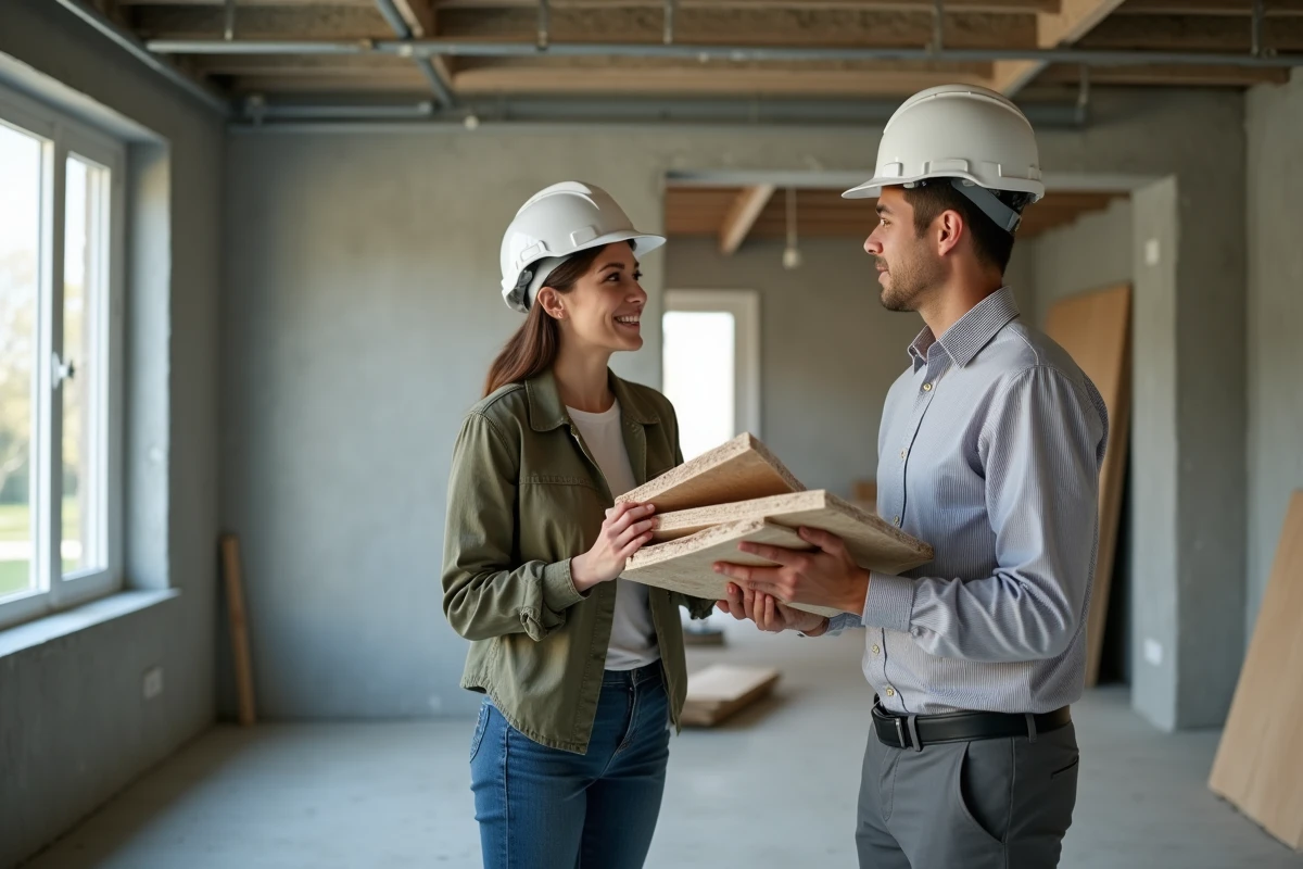 Jeune architecte discutant avec un collègue dans un intérieur en rénovation