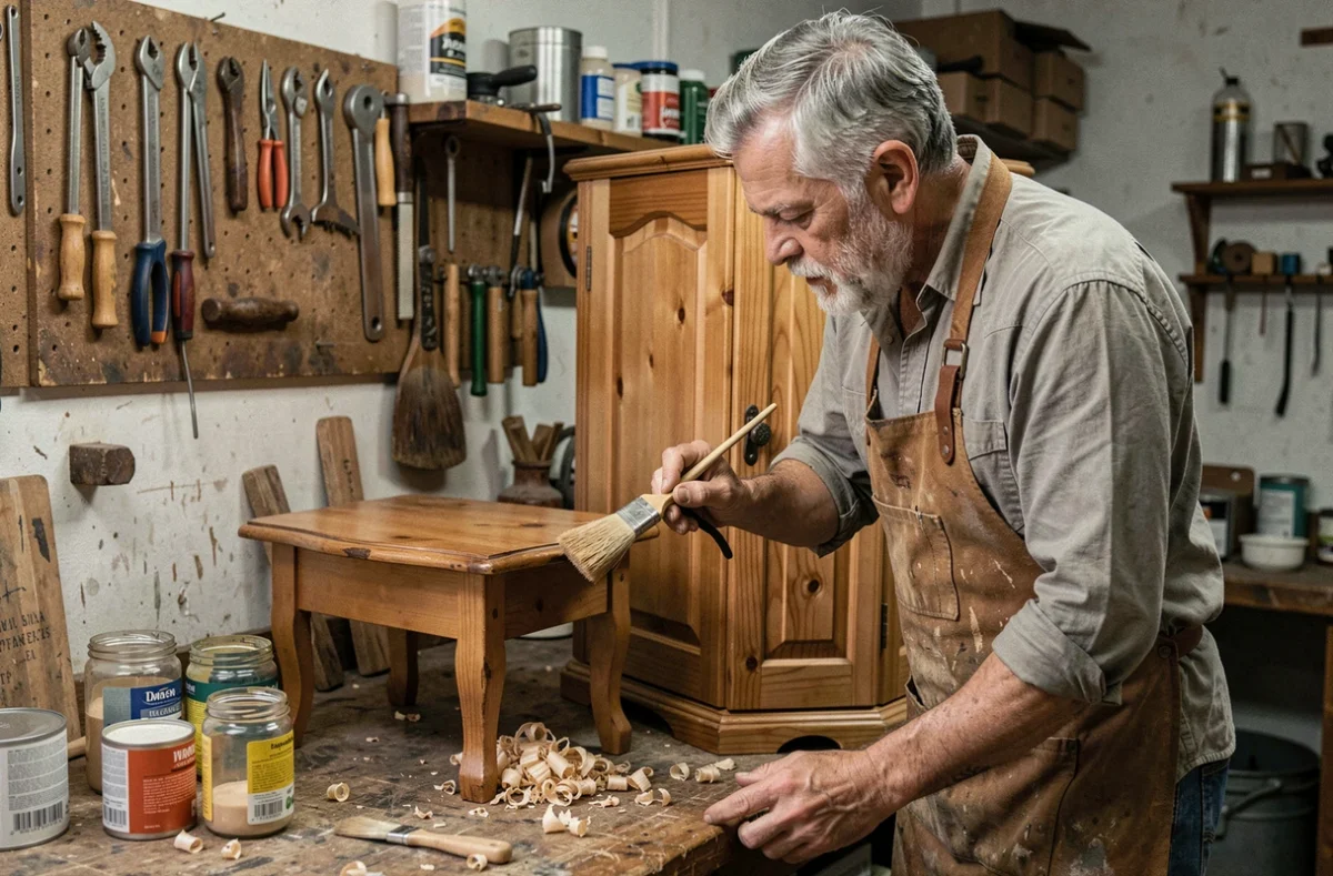 Artisan appliquant une finition laque mate sur un meuble en pin vintage dans un atelier de menuiserie
