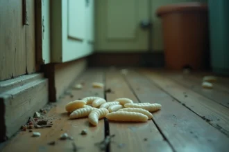 Asticots blancs regroupés dans un coin de plancher en bois d'une cuisine domestique négligée