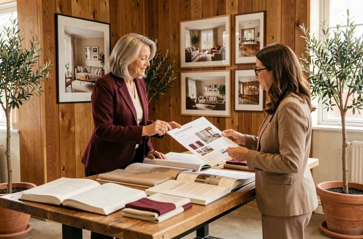 Valérie de L'Atelier de Valérie en consultation avec une cliente autour d'un projet de décoration intérieure