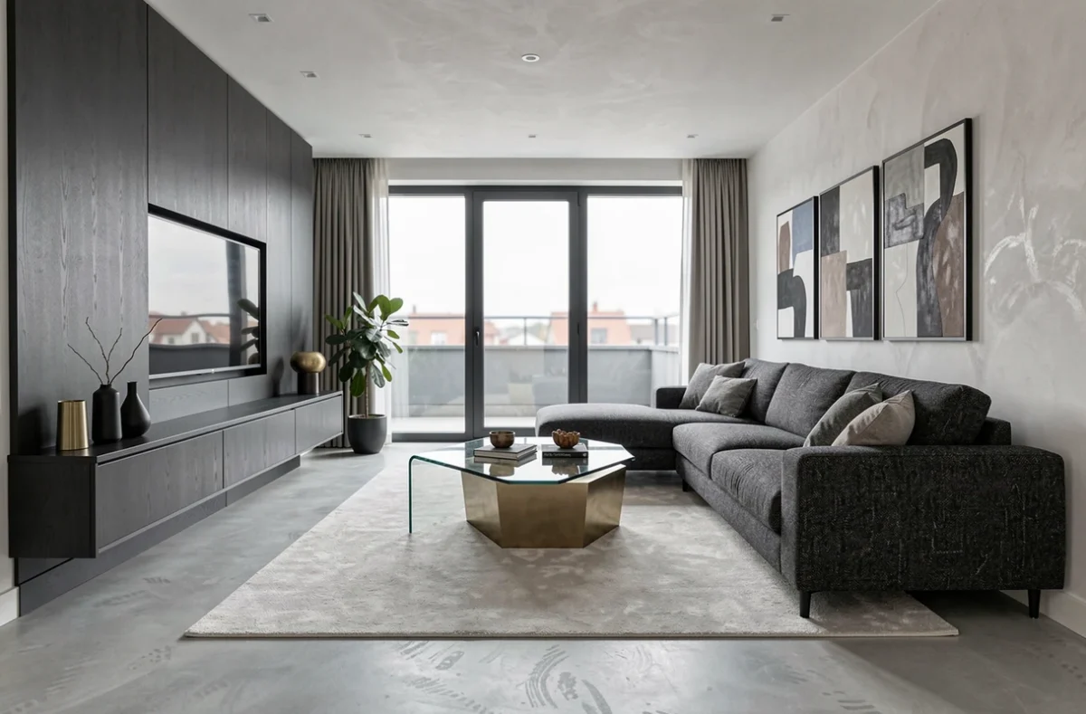 Salon résidentiel contemporain conçu par l'Atelier MVM à Mulhouse, avec mur média sur mesure laqué, canapé sectionnel et détails en laiton brossé