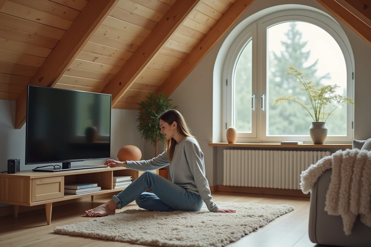Femme dans un salon mansardé arrangeant des livres