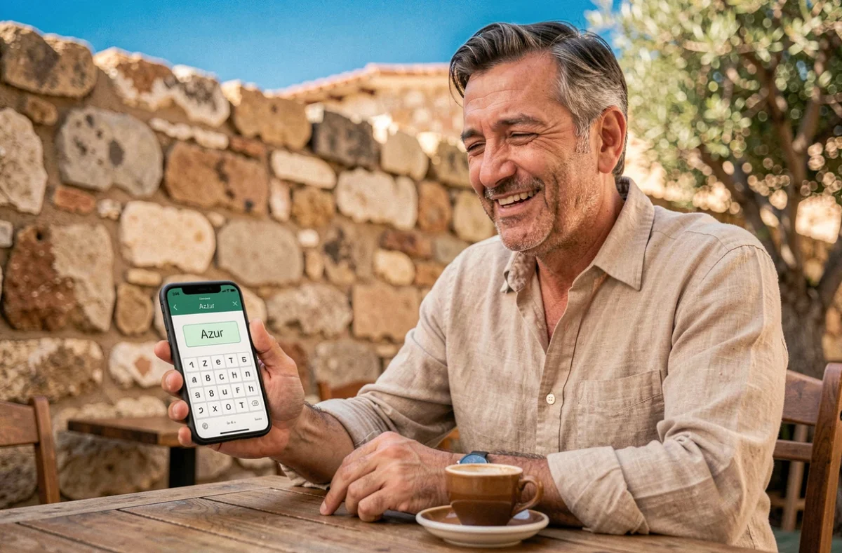Homme d'une quarantaine d'années souriant devant un smartphone affichant le mot Azur comme réponse gagnante dans un café méditerranéen