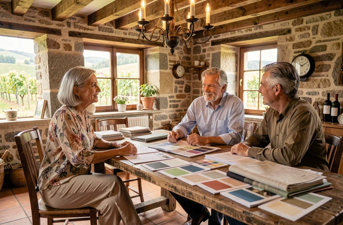 Consultante en décoration Bachschmidt conseillant des propriétaires dans une maison alsacienne traditionnelle à Niedermorschwihr, entourée d'échantillons et de catalogues
