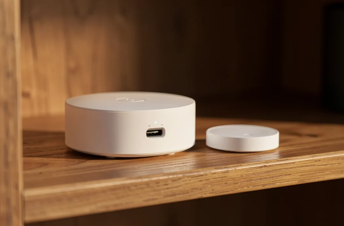 Box domotique et capteur radio posés sur une étagère en bois