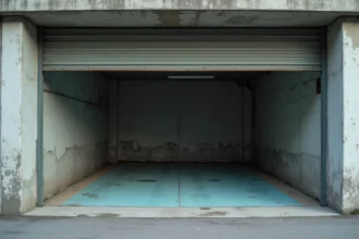 Box garage vide avec porte métallique entrouverte dans un parking urbain en béton