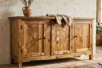 Buffet en chêne vintage avec finition à la cire d'abeille dans un salon de style provençal