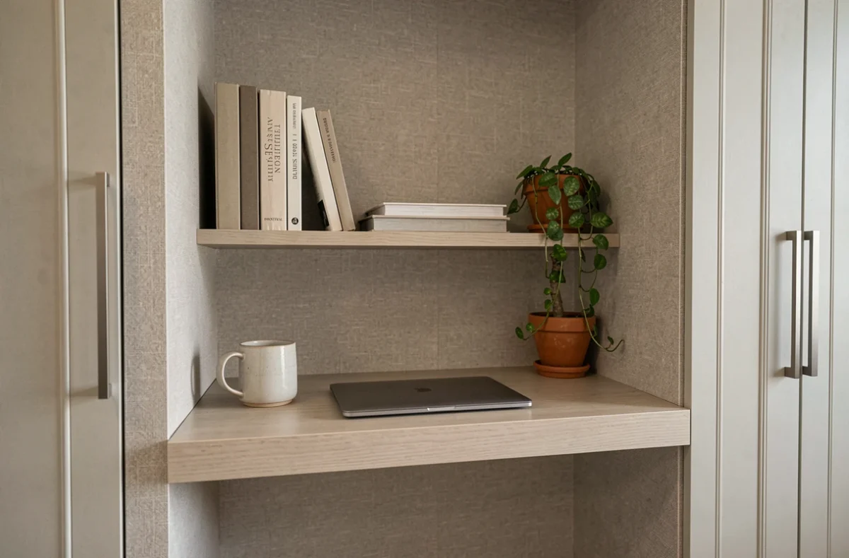 Bureau encastré dans une alcôve de chambre parentale avec étagère intégrée, ordinateur portable et décoration végétale