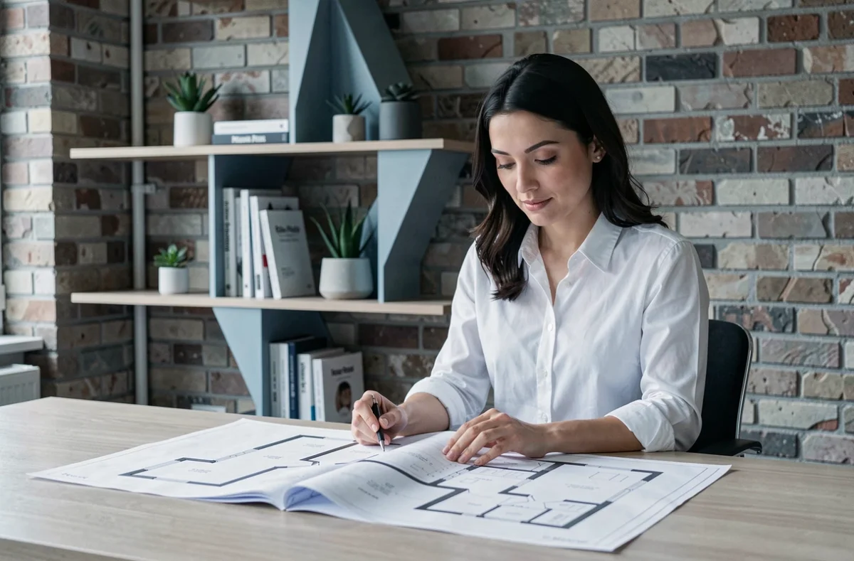 Designer de C My Design Projets analysant des plans d'aménagement intérieur dans son bureau