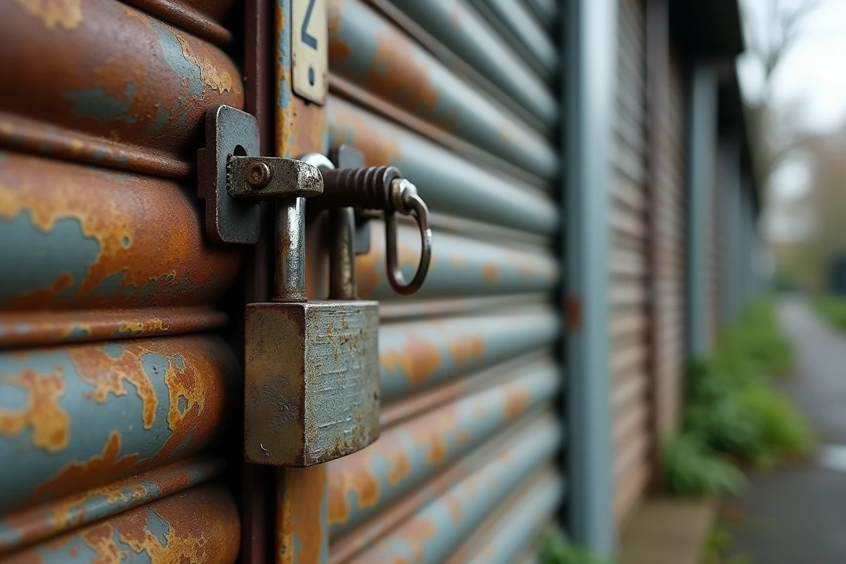 Cadenas rouillé sur la porte d'un box garage inoccupé avec traces d'oxydation et de vétusté