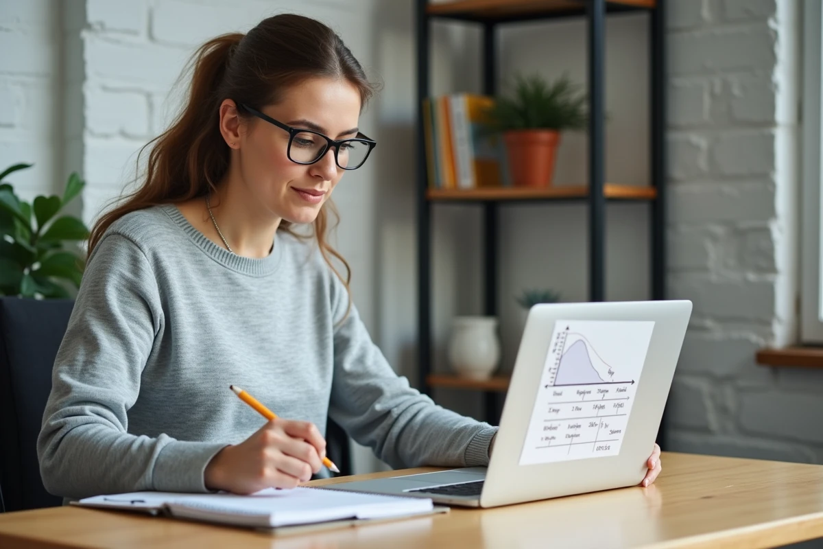 Femme calculant la conversion de pente en degrés et en pourcentage sur un cahier de notes