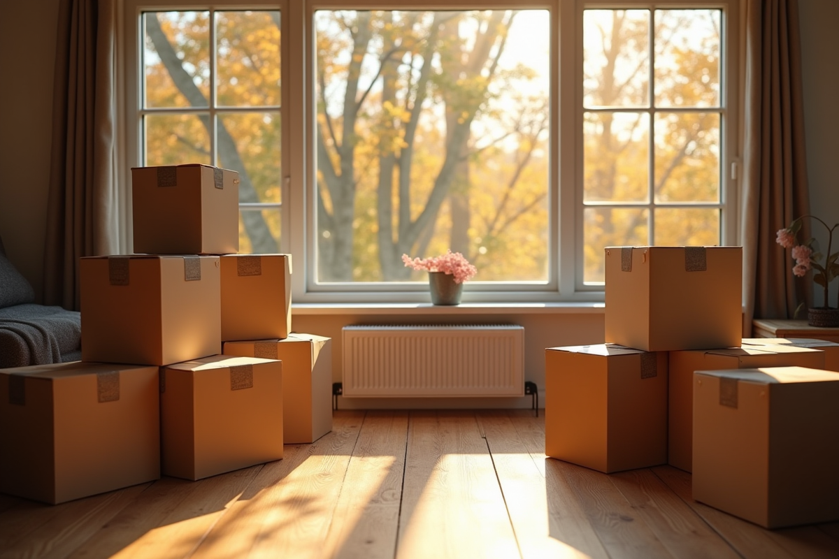 Cartons empiles dans un salon lumineux en automne