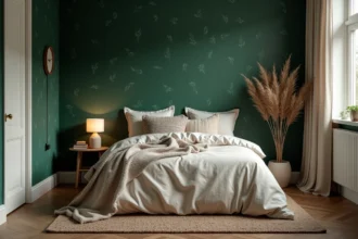 Chambre adulte cocooning avec papier peint vert forêt à motifs botaniques et literie en lin ivoire