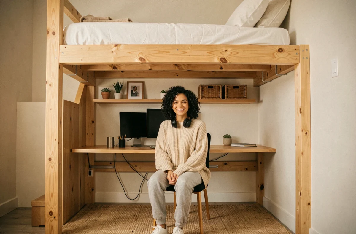 Chambre de petit appartement avec lit mezzanine et espace bureau intégré pour optimiser chaque mètre carré