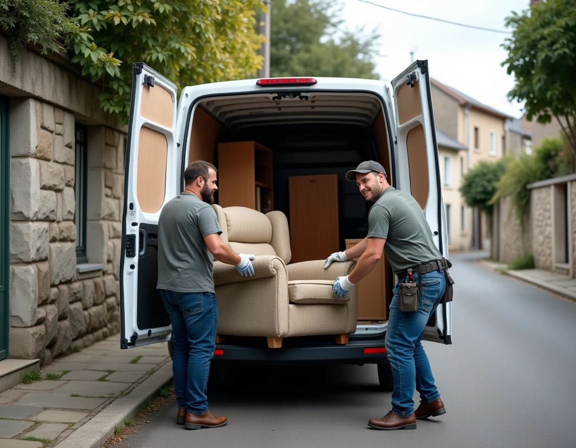 Deux hommes chargeant des meubles et cartons dans un camion lors d'un débarras de garage à Pontivy