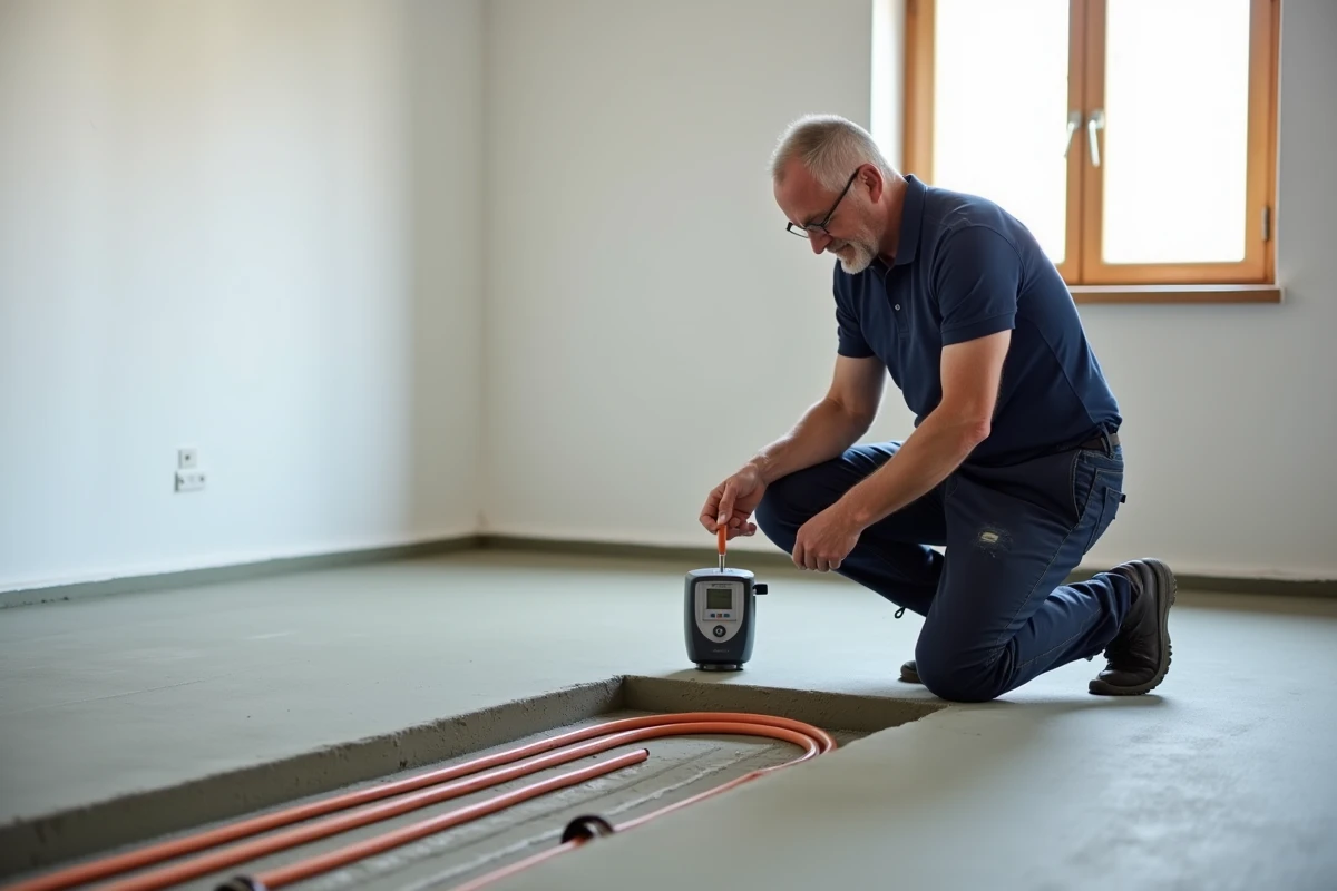 Chauffagiste mesurant l'épaisseur d'une chape sèche sur plancher chauffant avec appareil numérique en appartement neuf