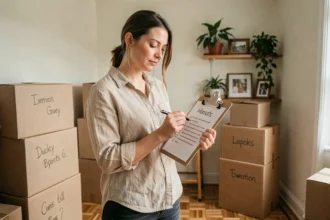 Femme consultant une checklist déménagement dans un appartement avec des cartons bien organisés