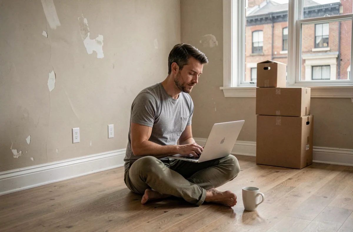 Homme utilisant un site de checklist déménagement sur ordinateur portable dans un appartement vide