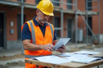 Chef de chantier consultant des devis de rénovation sur tablette devant un échafaudage