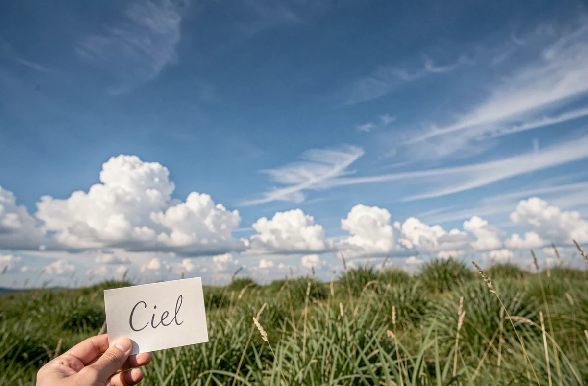 Ciel bleu avec nuages et carte portant le mot Ciel tenu à la main devant un paysage de colline verte