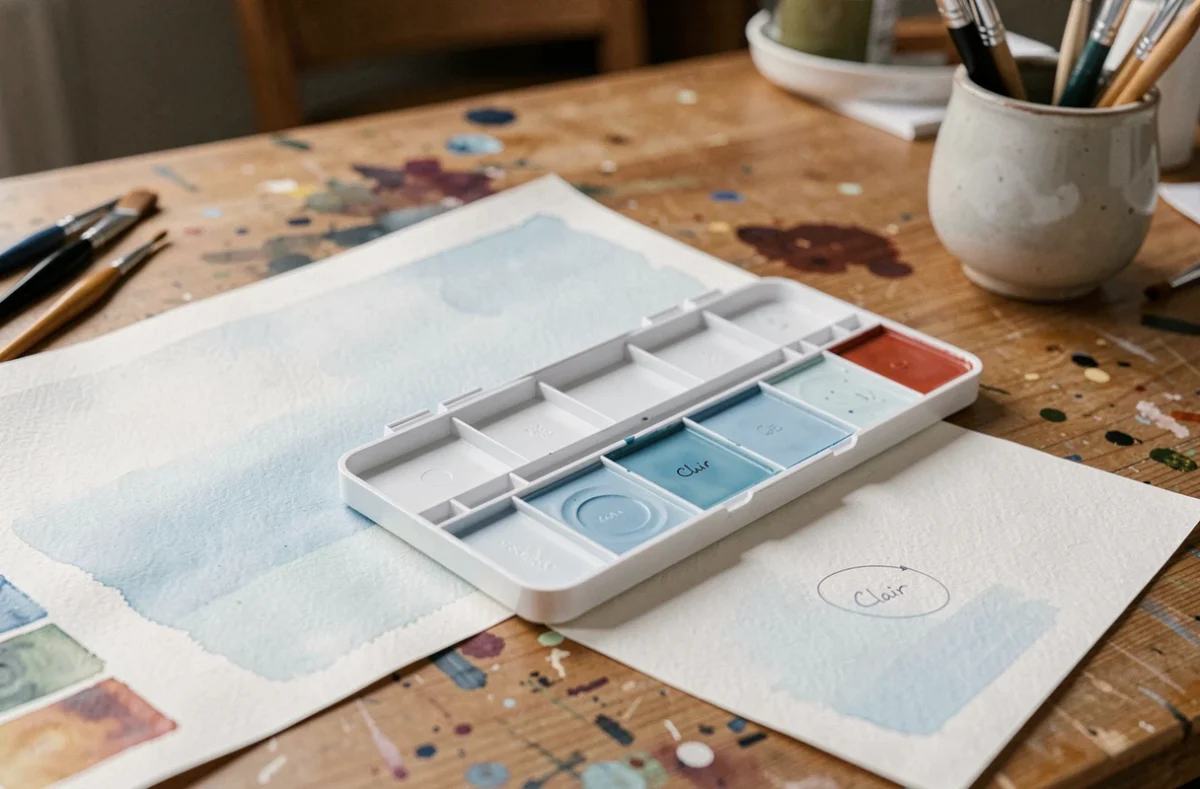 Boîte d'aquarelle ouverte avec un pan de peinture bleu clair étiqueté Clair sur un bureau d'atelier en bois