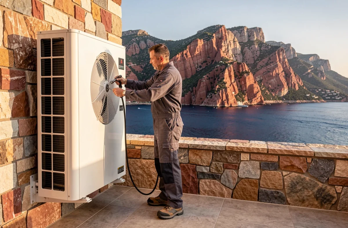 Technicien Clim Alu Confort Théoule-sur-Mer installant une pompe à chaleur sur la terrasse d'une villa de luxe face à l'Estérel