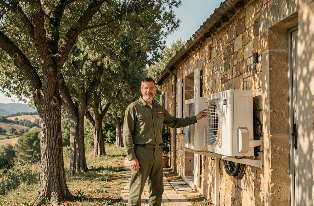 Technicien Climatisation de Provence à Cogolin devant une pompe à chaleur installée sur une bastide provençale entourée de végétation méditerranéenne