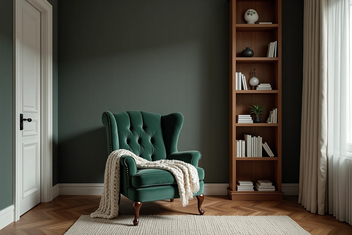 Coin lecture cosy dans une chambre adulte avec papier peint anthracite et fauteuil en velours vert sauge
