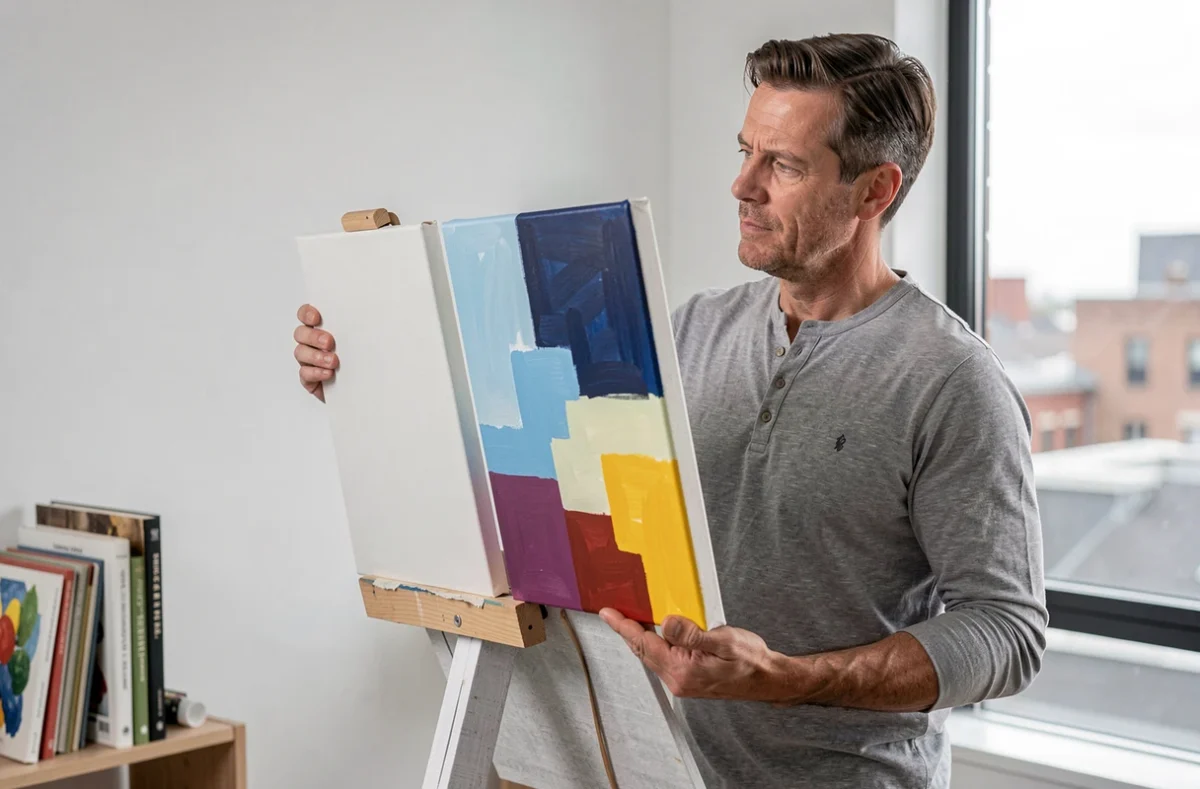 Homme comparant deux toiles paint by number, l'une avec des contours nets et l'autre avec un effet pixelisé visible