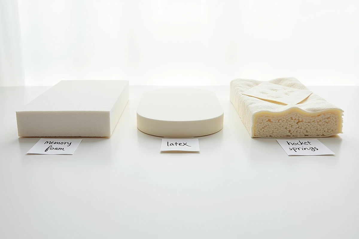 Échantillons comparatifs de matelas en mousse mémoire, latex naturel et hybride à ressorts posés côte à côte sur fond blanc
