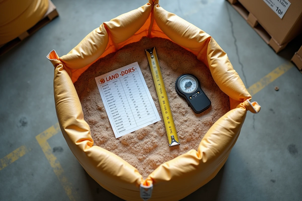 Vue aérienne d'un big bag de sable en m3 avec tableau comparatif de fournisseurs et instruments de mesure
