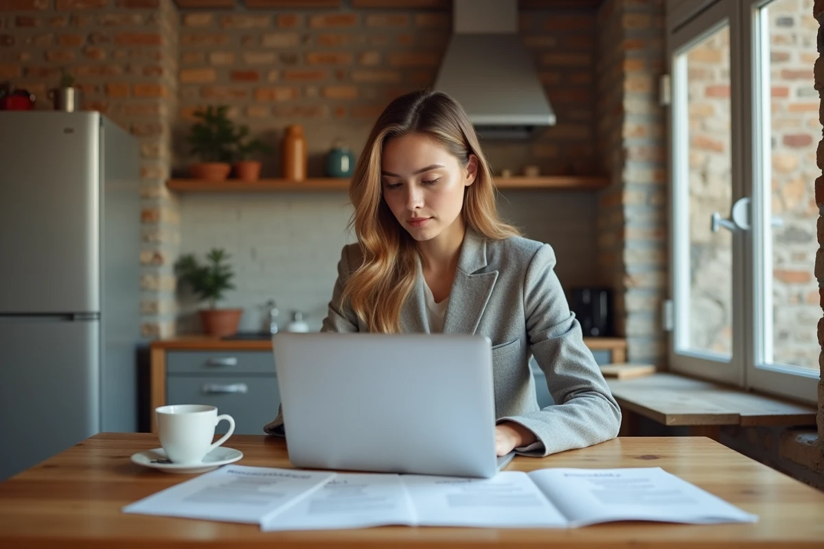 Femme comparant des devis de rénovation sur ordinateur dans une maison en travaux