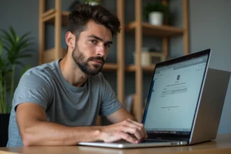 Homme consultant les paramètres système sur un ordinateur portable pour configurer Kosikasa