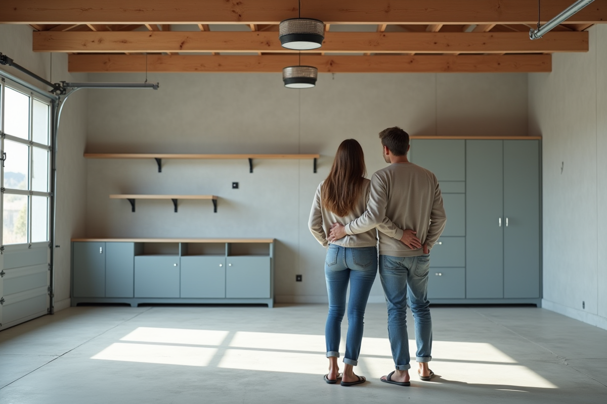 Jeune couple souriant dans un garage neuf et spacieux