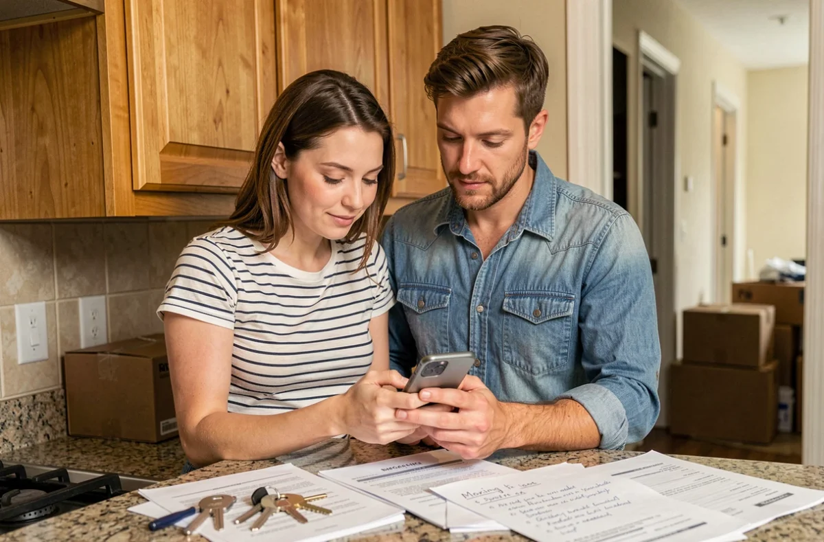 Couple organisant leurs démarches de déménagement avec une liste et un smartphone dans la cuisine