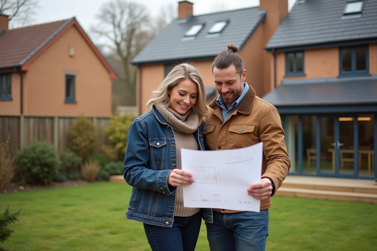 Couple en extérieur examine des plans de maison