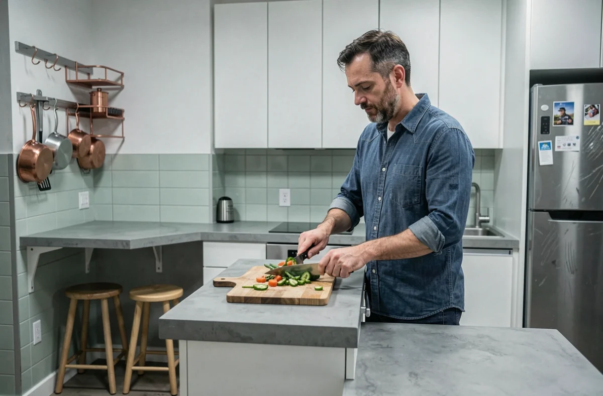 Cuisine compacte avec rangements verticaux et îlot mobile dans un petit appartement urbain optimisé