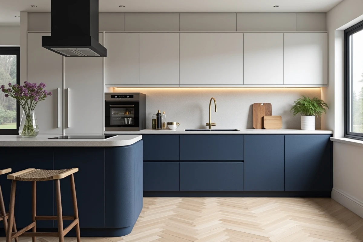 Cuisine contemporaine avec murs habillés de toile enduite bleu marine, contrastant avec des meubles blancs mats et un parquet en chêne clair