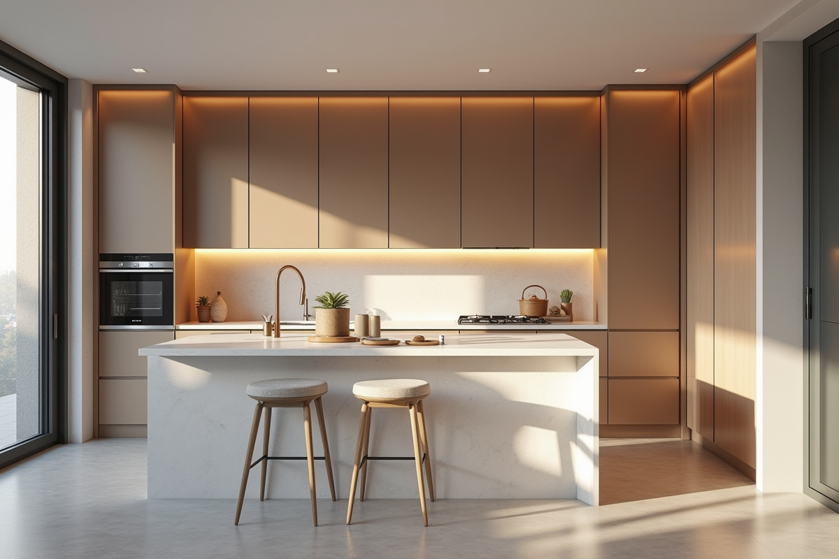 Cuisine rénovée avec façades modernes et éclairage chaleureux