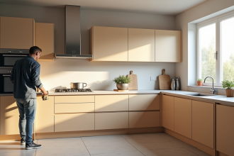 Cuisine moderne en rénovation avec un professionnel changeant les portes